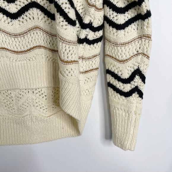 New Skies Are Blue Medium M Cream Black Gold Chevron Striped Open Knit Sweater - Picture 5 of 10